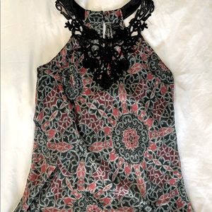 Guess flowy top with black lace neckline